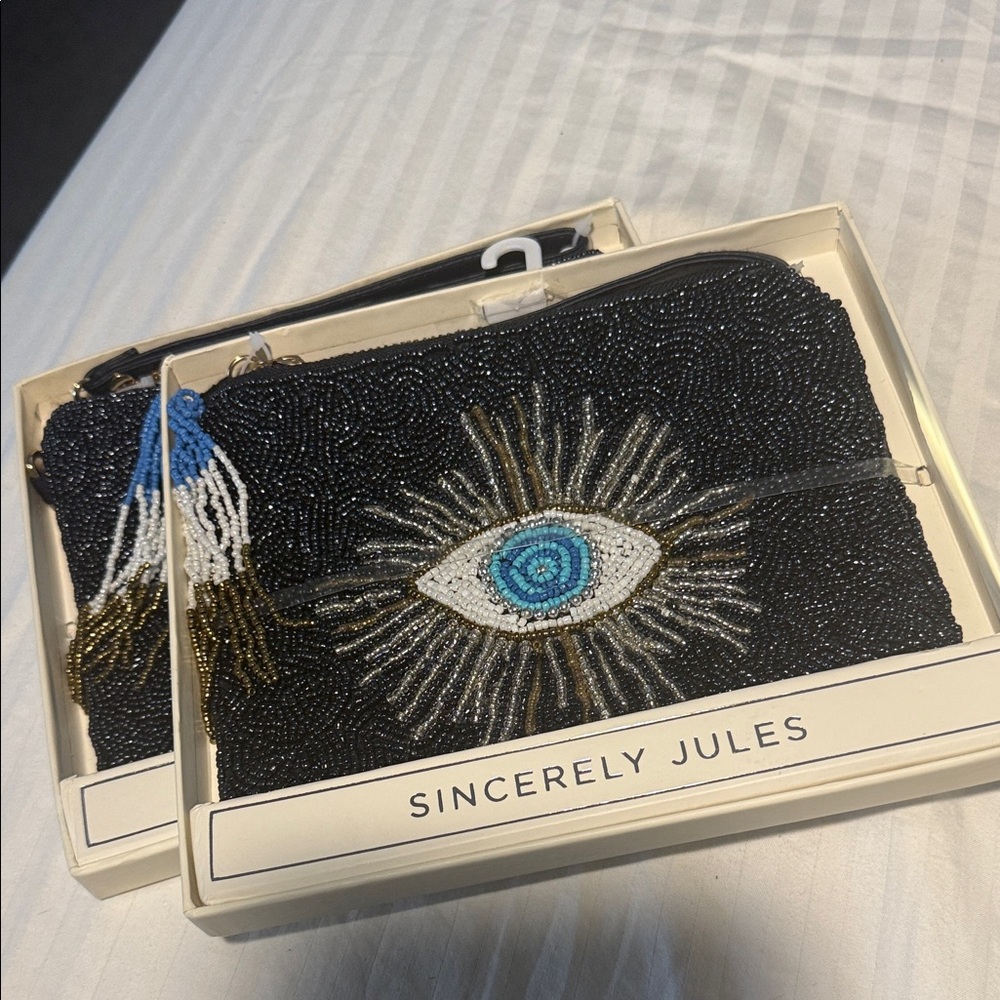 Sincerely Jules Black and Blue Beaded Eye Clutch